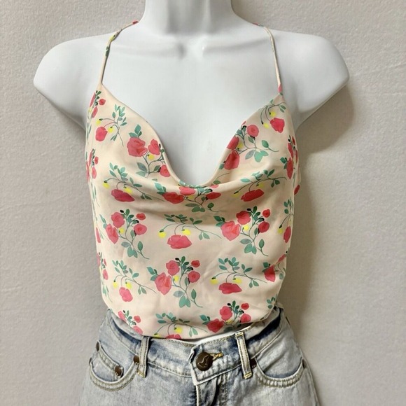 Zara Satin Crop Top Womens Medium Floral Shine Spaghetti Straps Tie Back Bandana - Picture 8 of 8